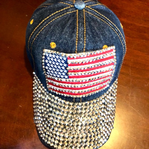 PATRIOTIC DENIM BASEBALL HAT CAP AMERICAN FLAG WITH RHINESTONES DIAMOND ACCENT - Picture 12 of 14